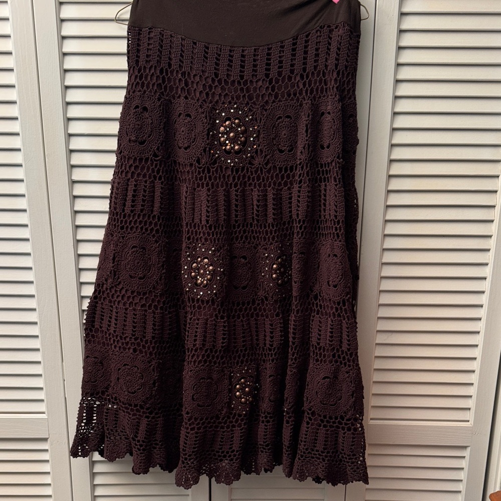 Crocheted A-Line Midi Skirt in Dark Brown